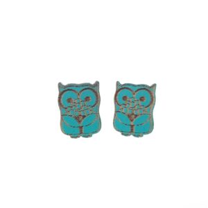 Aqua engraved owl laser cut wooden earrings