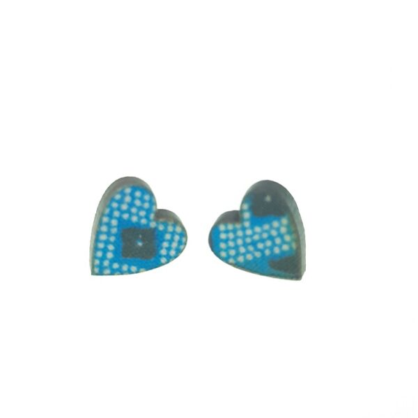 Blue and white pattern heart laser cut wooden earrings