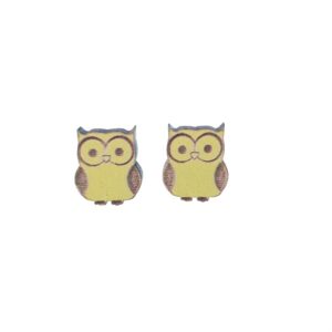 Engraved yellow owl laser cut wooden earrings