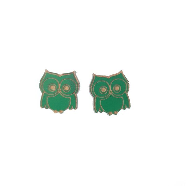 Green engraved owl laser cut wooden earrings