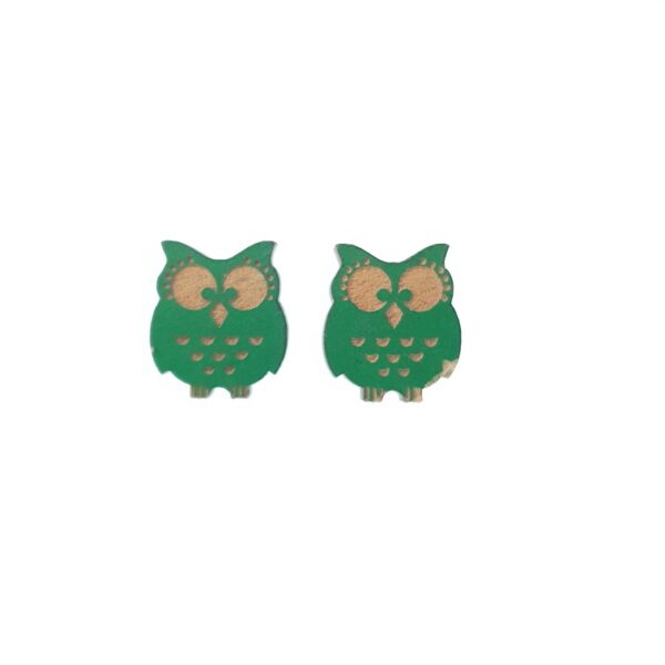 Large engraved green owl laser cut wooden earrings