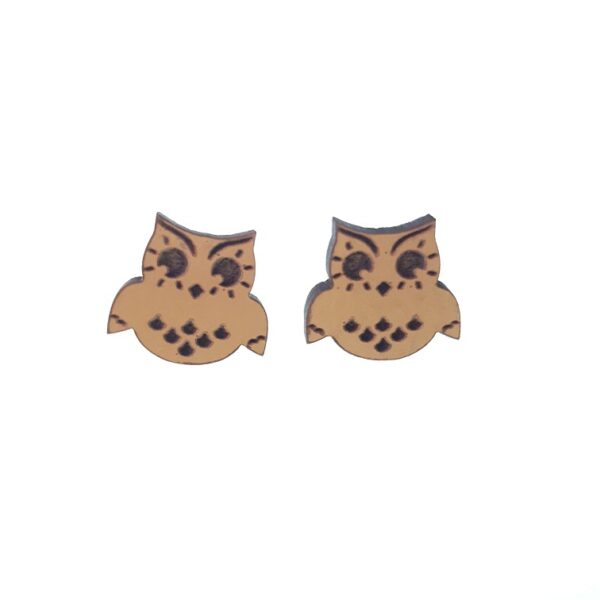 Orange engraved owl laser cut wooden earrings