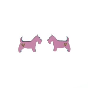 Pink dog with hearts laser cut engraved wooden earrings