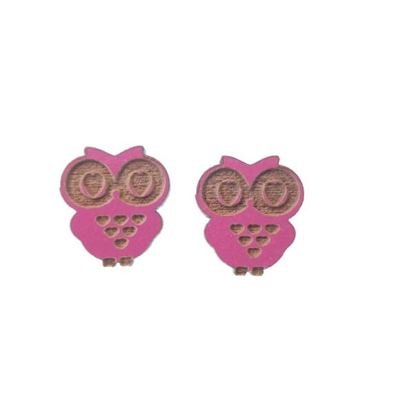 Pink engraved wooden owl earrings