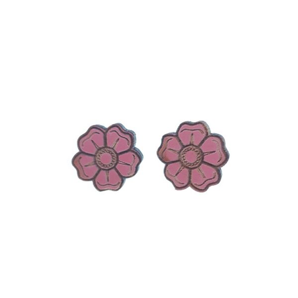 Pink flower laser cut engraved wooden earrings