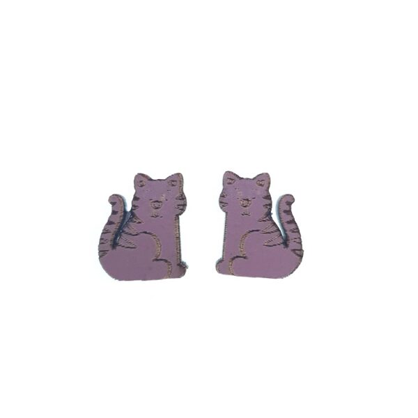 Purple cat laser cut engraved wooden earrings