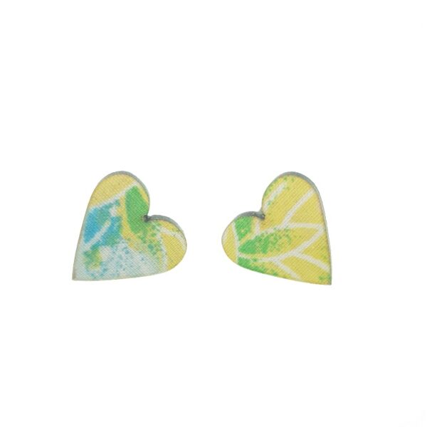 Yellow, green, blue and white laser cut wooden earrings