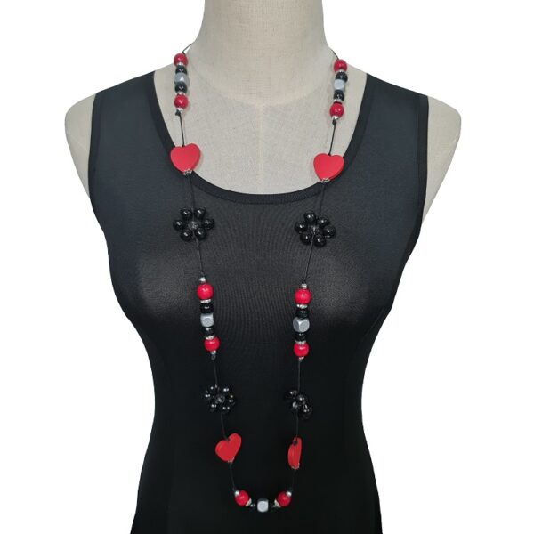 Red, black and silver string necklace with red hearts, wooden flower beads with chinese crystal beads and wooden beads necklace