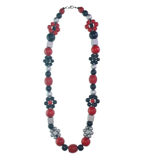 Red, black and silver wooden beads necklace with red hearts, wooden flower beads with chinese crystal beads