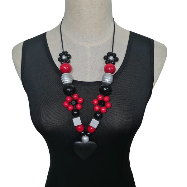 Red, black and silver wooden beads necklace with , wooden flower beads with chinese crystal beads with a black wooden hearts