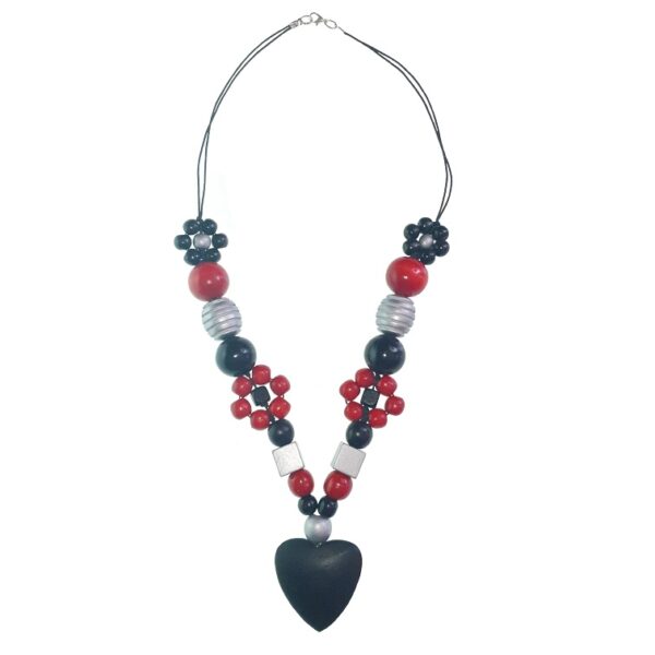 Red, black and silver wooden beads necklace with , wooden flower beads with chinese crystal beads with a black wooden hearts