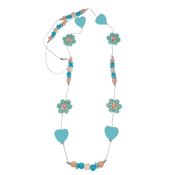 String Peach, blue and orange hearts, flower-shaped beads necklace