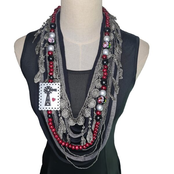 Black, silver, and Cherry red Tshirt scarf with a windmill pendant and lace