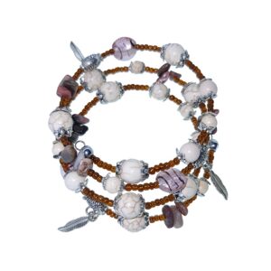 Cream, brown and grey stone, seashell and sea beads memory wire bracelet with leaves and glass beads