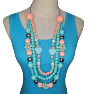 Three-layer blue hearts, flower-shaped beads necklace