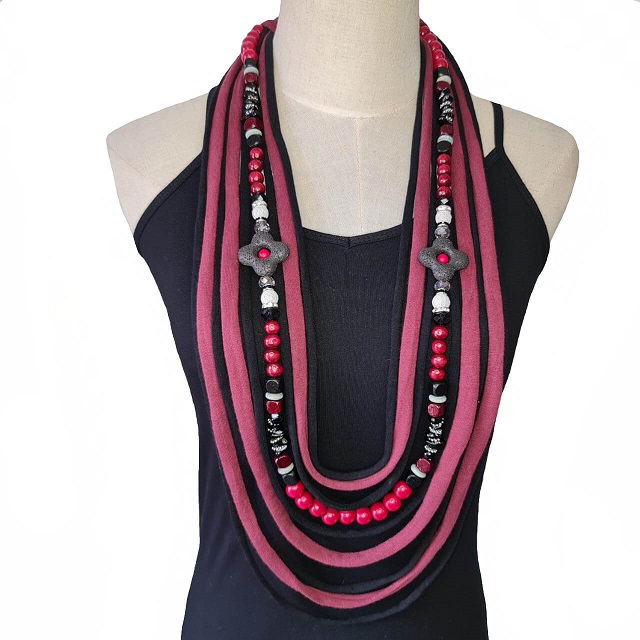 Black, Maroon, Grey Tshirt scarf with diamante spacers, coral shapes and wooden beads necklace with stone