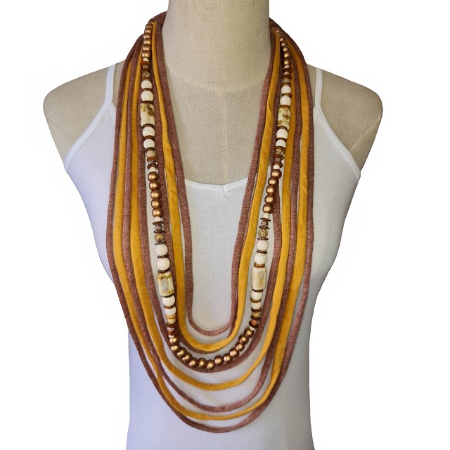 Brown Tshirt scarf with a variety of stone beads, porcelain rectangular shapes and wooden beads necklace with stone