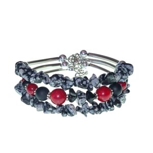 Red Coral and black stone three layer memory wire bracelet