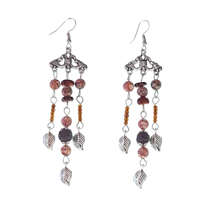 Red Leopard beads Gypsy earrings with leaf pendants